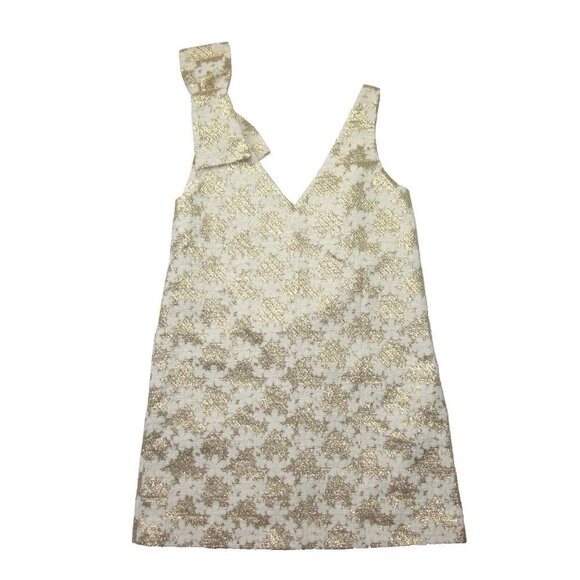NWT Sezane Philomena in Ecru Gold Jacquard Bow A-line Mini Shift Dress 36 / US 4 - Picture 7 of 8